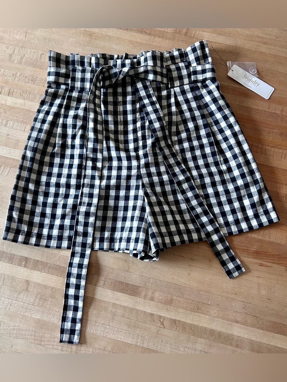 Laundry By Shelli Segal Black & White Gingham Paperbag Waist Shorts with Tie